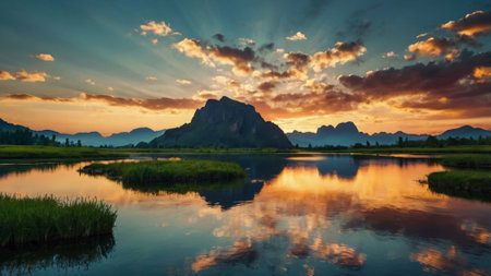 Sunset over the river in the countryside of Thailand, Panorama