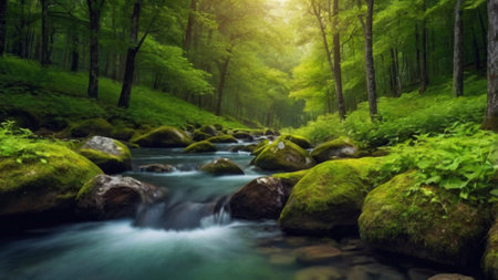 Stream in the green forest. Spring landscape. Beautiful nature scene.の写真素材