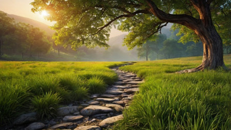 Pathway through the green meadow in the morning with sun raysの写真素材