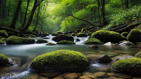 Mountain stream in the green forest. Soft focus, long exposure.
