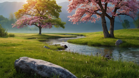 Beautiful spring landscape with blooming sakura tree and lake.