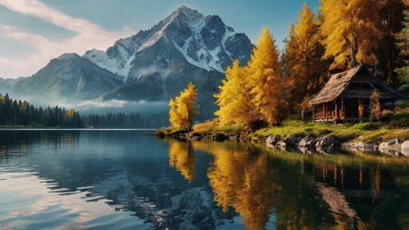 Beautiful autumn alpine lake. Reflection of mountains in water.の写真素材