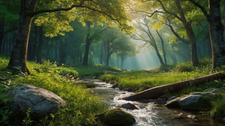 Beautiful summer landscape with river and sunbeams in the forest
