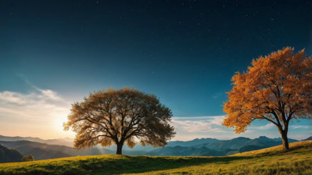 Majestic autumn landscape with lonely tree. Dramatic sky with stars