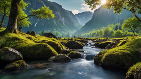 Panoramic view of a mountain river in the forest at sunset