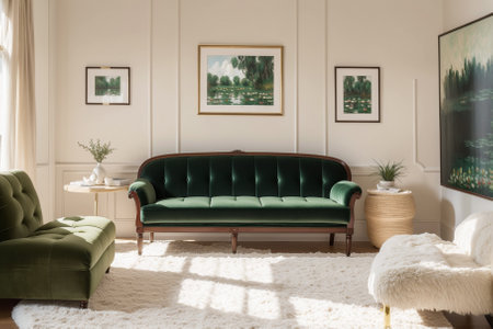 Interior of a living room with a green sofa and a coffee table