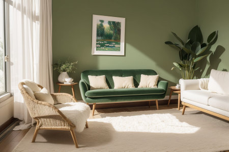 interior of modern living room with green sofa and rattan chair