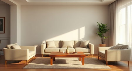 Modern bright interiors 3D rendering illustration. Living room with sofaの写真素材