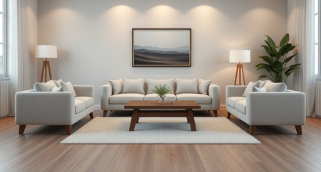 modern bright interiors 3D rendering illustration of the living room with sofa