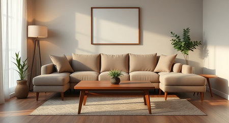 Living room with brown sofa and wooden coffee table - 3d renderingの写真素材