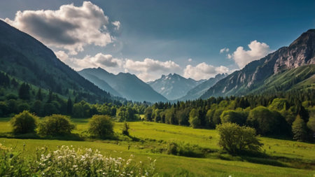 Panoramic view of alpine meadows and mountains in Bavariaの写真素材