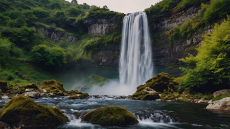 Long exposure of a waterfall flowing over a rock covered with green mossの写真素材