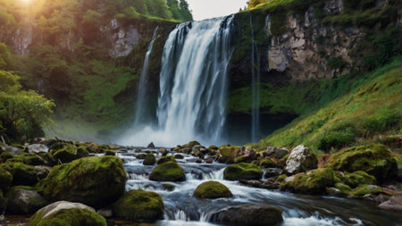 Waterfall in the mountains. Beautiful landscape with a waterfall in the mountains.の写真素材