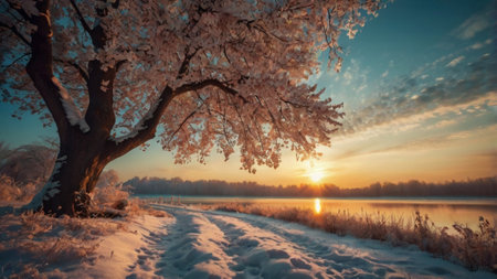 Beautiful winter landscape with snow-covered trees on the river bank at sunsetの写真素材
