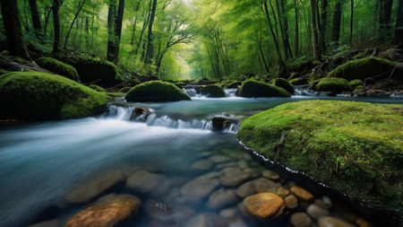 Long exposure of a river flowing through a green forest with rocks and moss