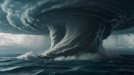 Tornados in the ocean. Stormy sky. 3D renderingの写真素材
