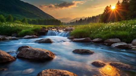 Sunset over mountain river in summer. Carpathians, Ukraineの写真素材