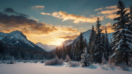 Beautiful winter landscape with snow covered fir trees and mountains at sunset