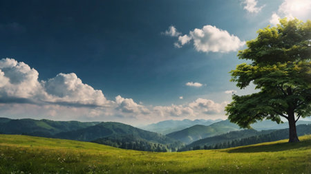 Mountain landscape with green meadow and big tree in the foregroundの写真素材