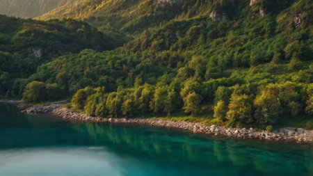 Beautiful summer mountain landscape with turquoise water and green forestの写真素材