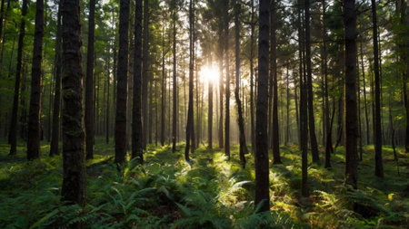 Sunlight shining through the trees in a green forest with fernsの写真素材