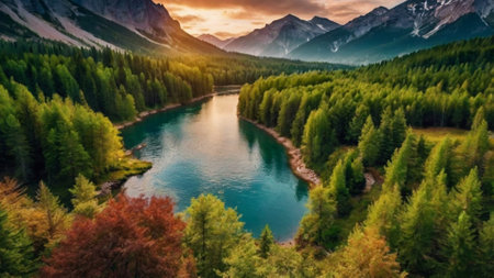 Panoramic view of beautiful alpine lake in the mountains.
