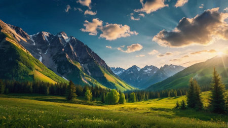 Mountain landscape. Panoramic view of the alpine meadow.の写真素材