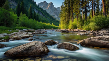 Beautiful mountain river in the Dolomites, Italy. Long exposureの写真素材