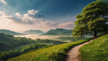Panoramic view of misty summer morning in the mountains.の写真素材