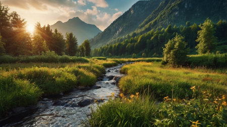 Landscape with a mountain river and green meadow at sunset.の写真素材