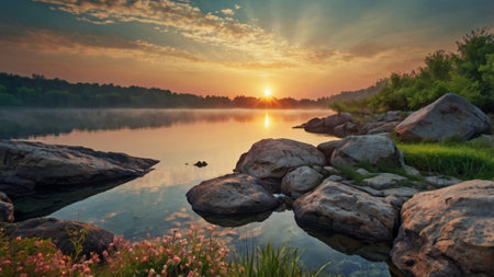 Colorful sunrise over the lake in summer. Landscape with lake and rocksの写真素材