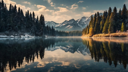 Mountain lake with reflection in autumn, Bavaria, Germany.