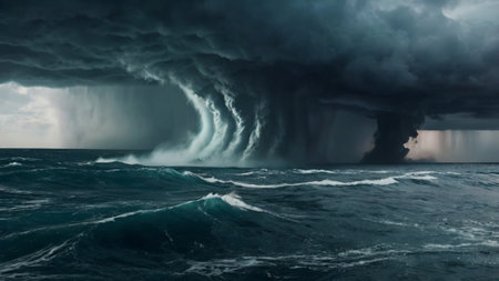 Tornados in the ocean. Stormy weather. Panorama
