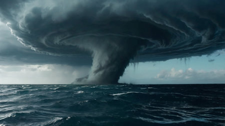 Tornados in the Pacific Ocean. Dramatic stormy sky.