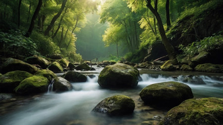 Mountain stream flowing through the green forest. Beautiful natural landscape.