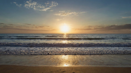 Beautiful sunset at the beach. Panoramic view of the sea.の写真素材