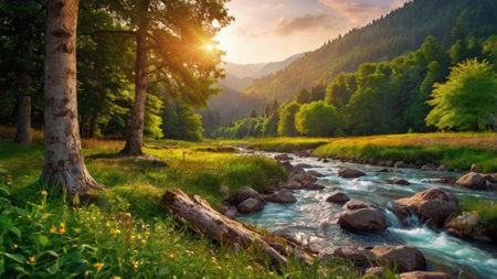 Landscape with a mountain river in the Carpathian Mountains.の写真素材
