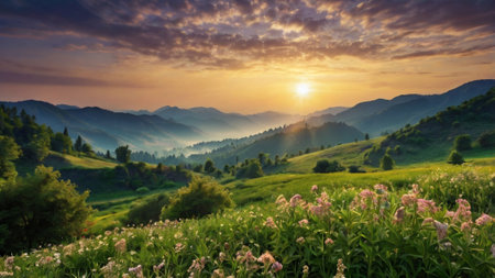 Beautiful summer landscape with meadow and flowers in mountains at sunsetの写真素材
