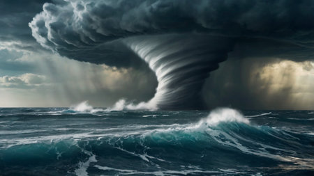 Stormy sea with big waves and storm clouds. 3d renderingの写真素材