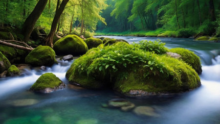 Beautiful spring forest landscape with a mountain river and mossy rocksの写真素材