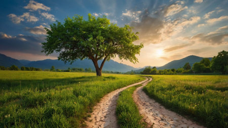 Country road in the meadow at sunset. Beautiful summer landscape.