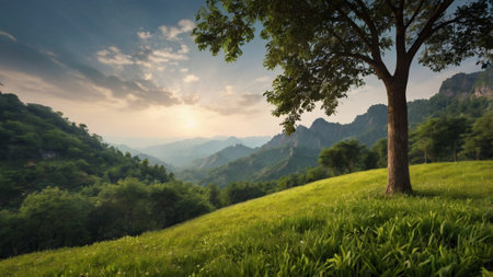 Beautiful mountain landscape with green grass and tree at sunset time.の写真素材