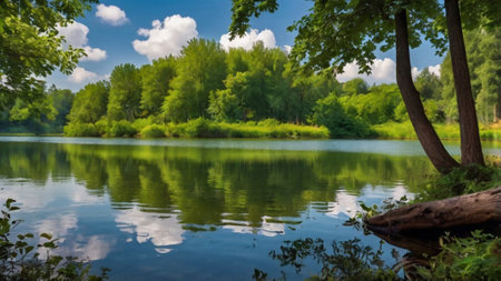 Beautiful summer landscape with a lake in the forest and blue skyの写真素材