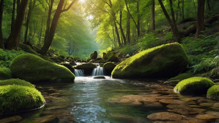 Mossy rocks on the river in a green forest. Nature backgroundの写真素材
