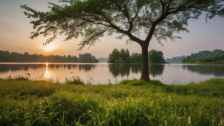 Landscape of lake with tree in the morning,Thailand.の写真素材