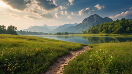 Beautiful summer landscape with green meadow, mountains and lake.