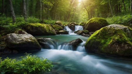 Beautiful waterfall in the green forest. Nature background. Soft focus.の写真素材