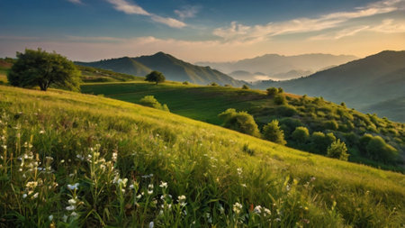 Panoramic view of the Carpathian mountains at sunset.の写真素材