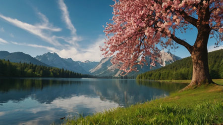 cherry blossom on alpine lake in front of the mountainsの写真素材