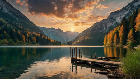 Fantastic view of the alpine lake Eibsee at sunrise. Dramatic scene. Location place Berchtesgadener Land, Bavaria, Germany, Europe. Beauty world.の写真素材